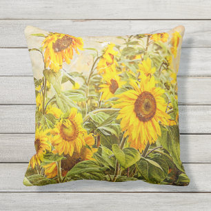 Sunflower Field Vintage Yellow Green Country Outdoor Pillow