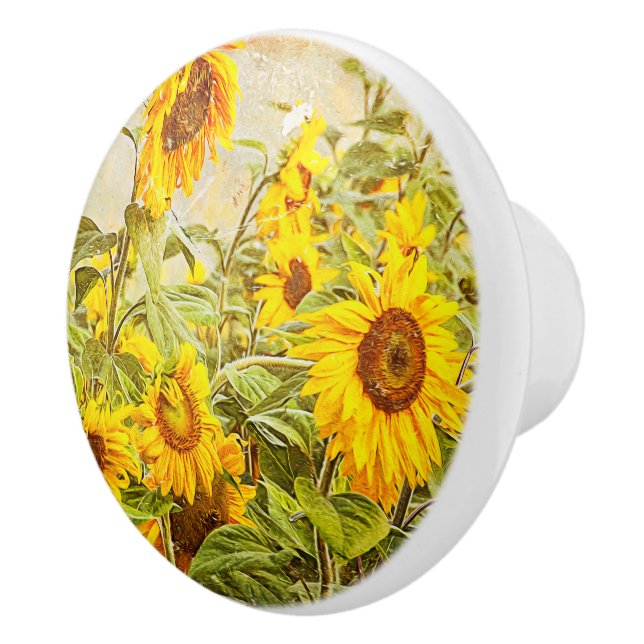 Sunflower Field Vintage Yellow Green Rustic Ceramic Knob (Right)