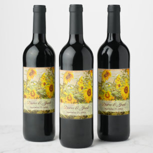 Sunflower Field Vintage Yellow Rustic Wedding Wine Label