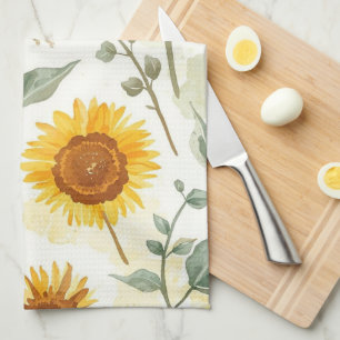 Sunflower Field Watercolor Painting Floral Yellow Kitchen Towel