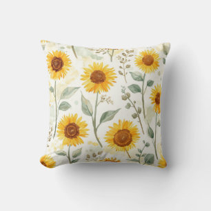 Sunflower Field Watercolor Painting Floral Yellow Throw Pillow