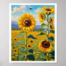 Sunflower Field with Busy Bees Art 8x10