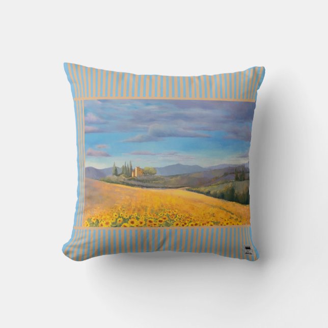 Sunflower Field With Stripe Throw Pillow (Front)