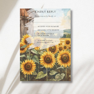 Sunflower Field Wooden House Fall Wedding RSVP Card