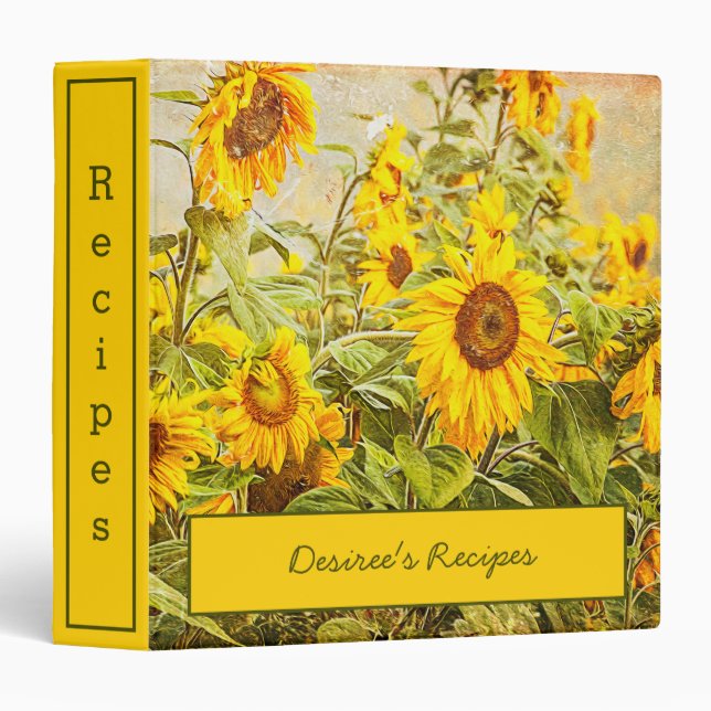 Sunflower Field Yellow Green Rustic Vintage Recipe Binder (Front/Spine)