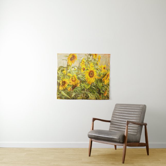 Sunflower Field Yellow Green Rustic Vintage Tapestry (In Situ (Horizontal))