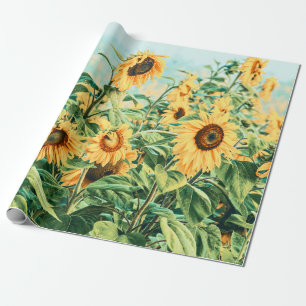 Sunflower Field Yellow Teal Decoupage Floral Art Wrapping Paper