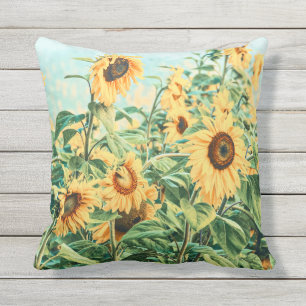 Sunflower Field Yellow Teal Floral Art Outdoor Pillow