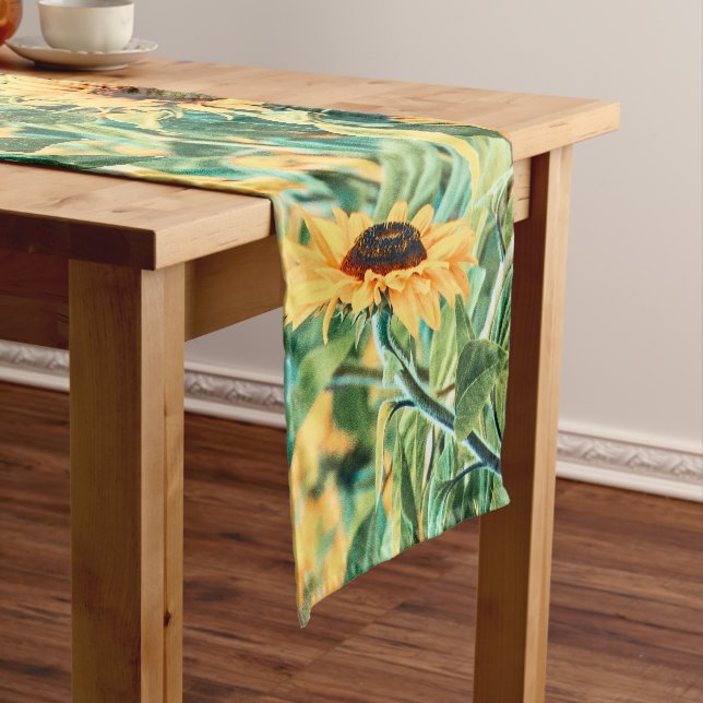 Sunflower Field Yellow Teal Floral Art Short Table Runner (In Situ)