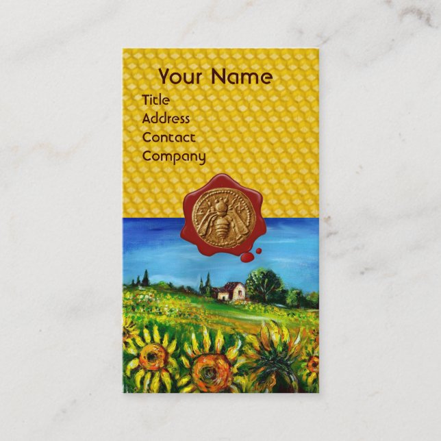 SUNFLOWER FIELDS ,HONEY BEE,RED WAX SEAL,BEEKEEPER BUSINESS CARD (Front)