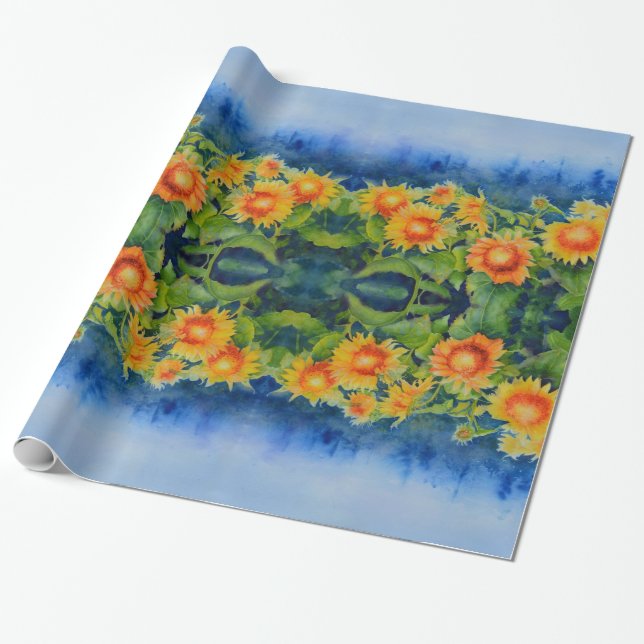 sunflower fields- watercolor sunflower painting wrapping paper (Unrolled)