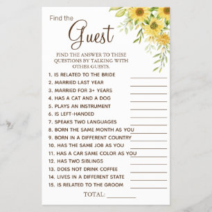 Sunflower Find the Guest Bridal shower game card