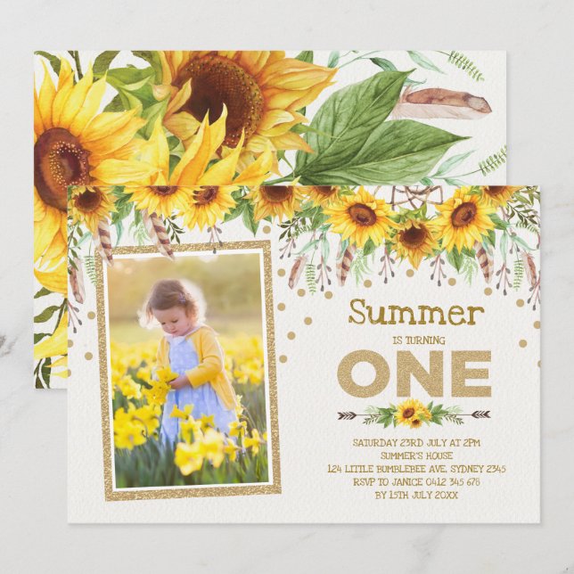 Sunflower First 1st Birthday Yellow Summer Floral Invitation (Front/Back)