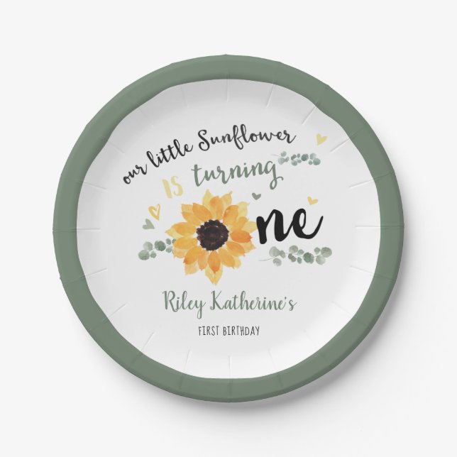 Sunflower First Birthday Floral Paper Plate (Front)