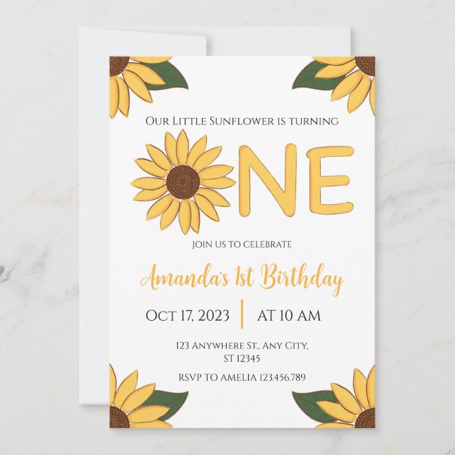 Sunflower First Birthday invitation (Front)