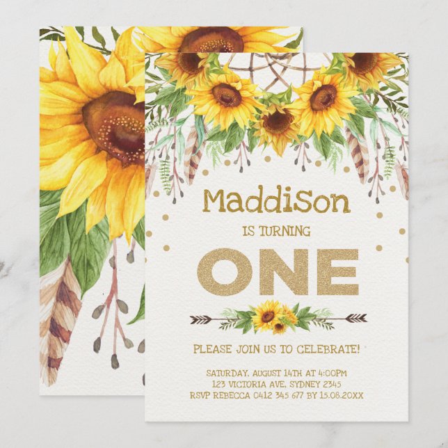 Sunflower First Birthday Invite Boho Queen Bee (Front/Back)