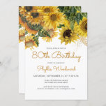 Sunflower Floral 80th Birthday Party Invitation<br><div class="desc">This elegant 80th birthday invitation features a floral top border of yellow sunflowers and green leaves. . The words "80th Birthday" and the name of the guest of honour appear in orange-yellow casual handwriting script, with the rest of the customizable text in charcoal grey sans serif font. The floral design...</div>