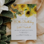 Sunflower Floral 80th Birthday Party Invitation<br><div class="desc">This elegant 80th birthday invitation features a floral top border of yellow sunflowers and green leaves. . The words "80th Birthday" and the name of the guest of honour appear in orange-yellow casual handwriting script, with the rest of the customizable text in charcoal grey sans serif font. The floral design...</div>