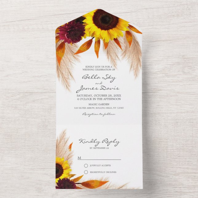 Sunflower Floral All in One Wedding Invitations (Inside)