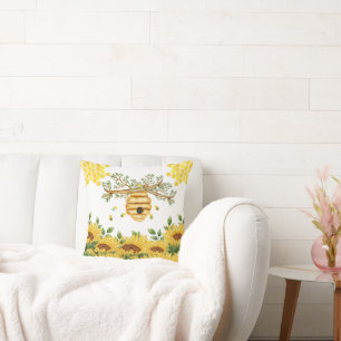 Sunflower Floral Bee Hive Throw Pillow