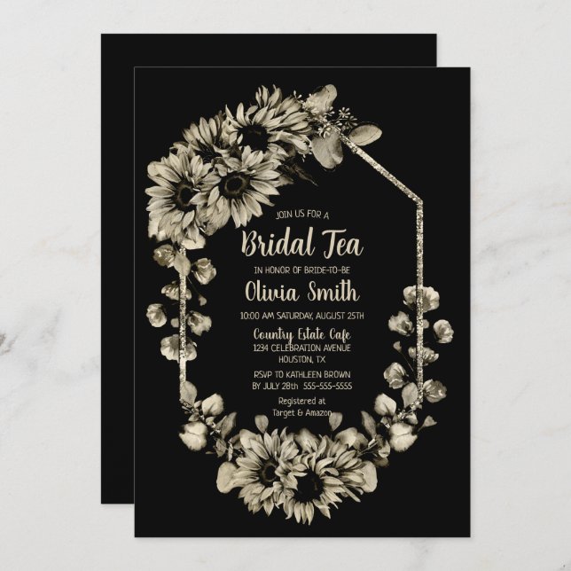 Sunflower Floral Black Bridal Tea Invitation (Front/Back)