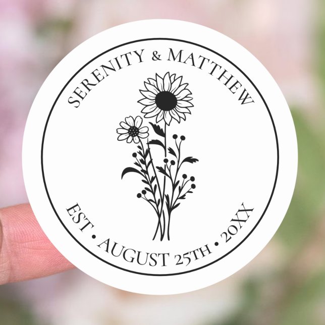 Sunflower Floral Black White Just Married Wedding  Classic Round Sticker (Creator Uploaded)
