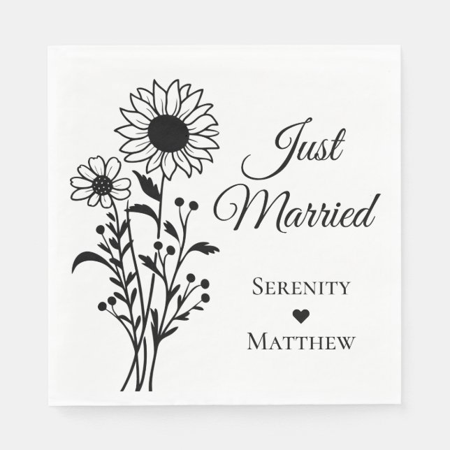 Sunflower Floral Black White Just Married Wedding  Napkin (Front)
