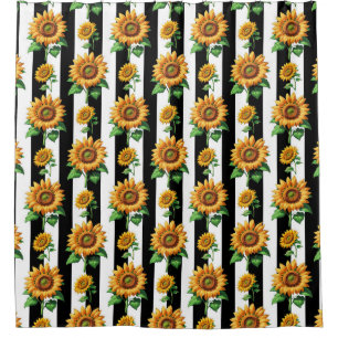 Sunflower Floral Black White Stripes