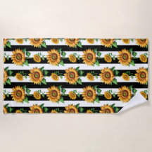 Sunflower Floral Black White Stripes 