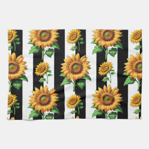 Sunflower Floral Black White Stripes  Kitchen Towel