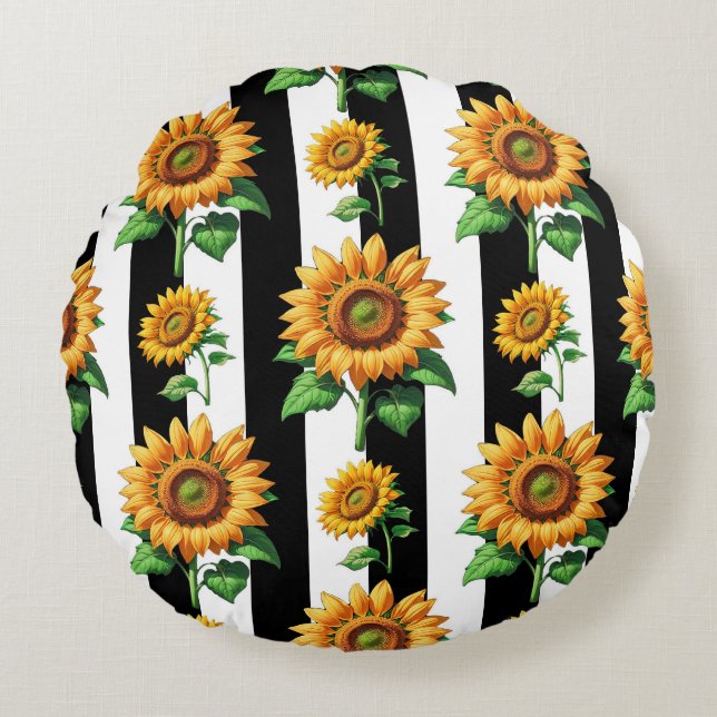 Sunflower Floral Black White Stripes  Round Pillow (Front)