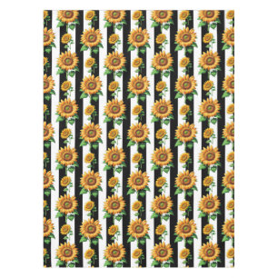 Sunflower Floral Black White Stripes  Tablecloth