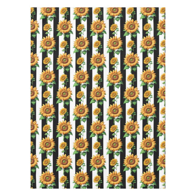 Sunflower Floral Black White Stripes  Tablecloth (Front)