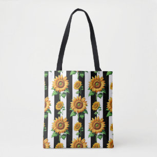 Sunflower Floral Black White Stripes  Tote Bag