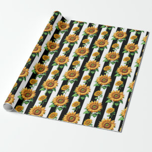 Sunflower Floral Black White Stripes  Wrapping Paper