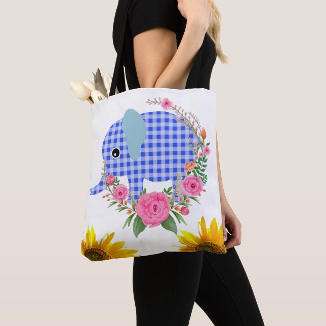 Sunflower Floral Blue Elephant Tote Bag (Close Up)