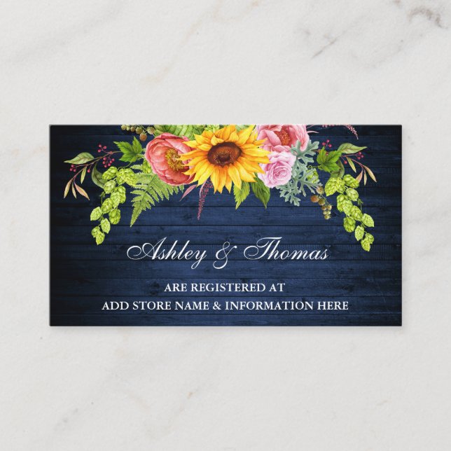 Sunflower Floral Blue Wedding Registry Insert Card (Front)