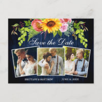 Sunflower Floral Blue Wood 3 Photo Save The Date