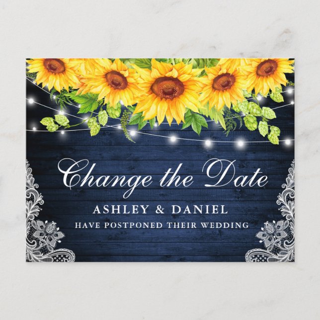 Sunflower Floral Blue Wood Change The Date Postcard (Front)