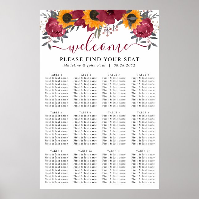 Sunflower Floral Burgundy Wedding Seating Charts (Front)