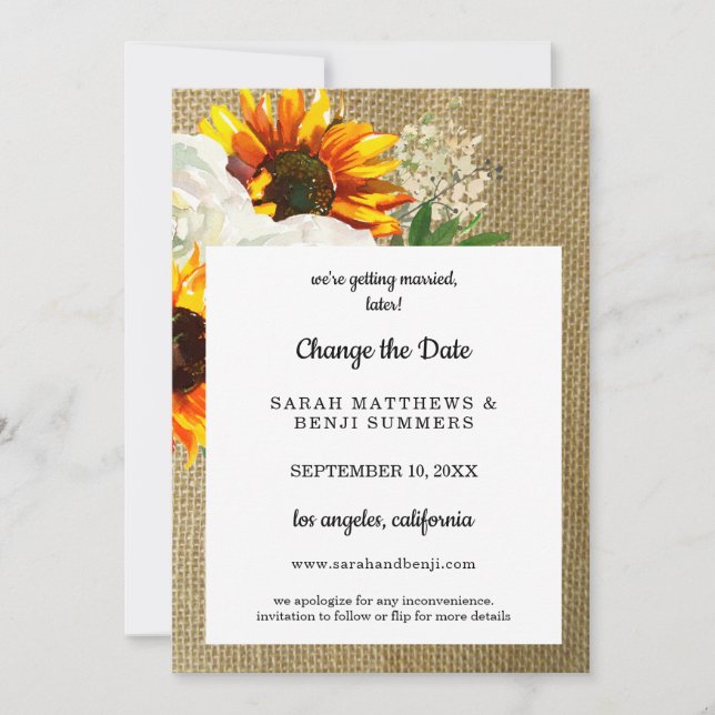 Sunflower Floral Burlap Change the Date Details Invitation (Front)