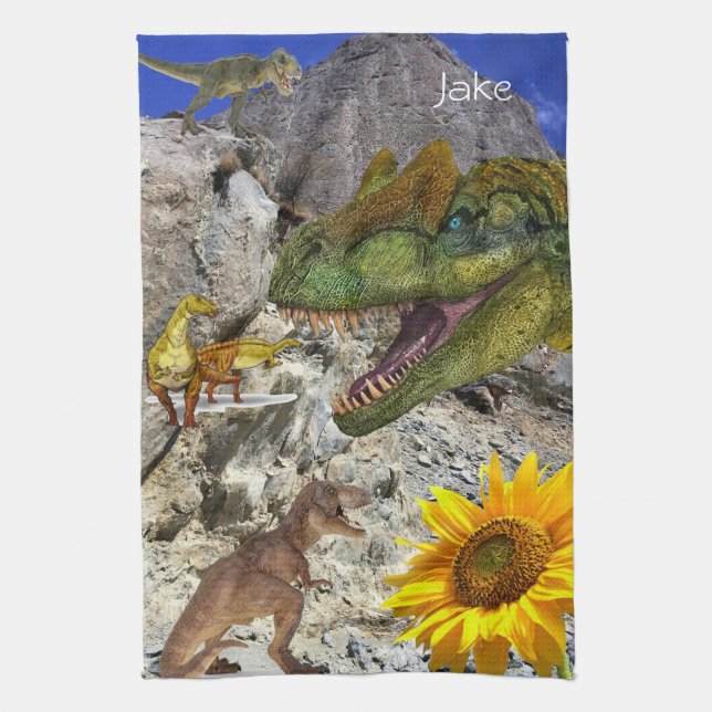 Sunflower Floral Dinosaur Kitchen Towel (Vertical)