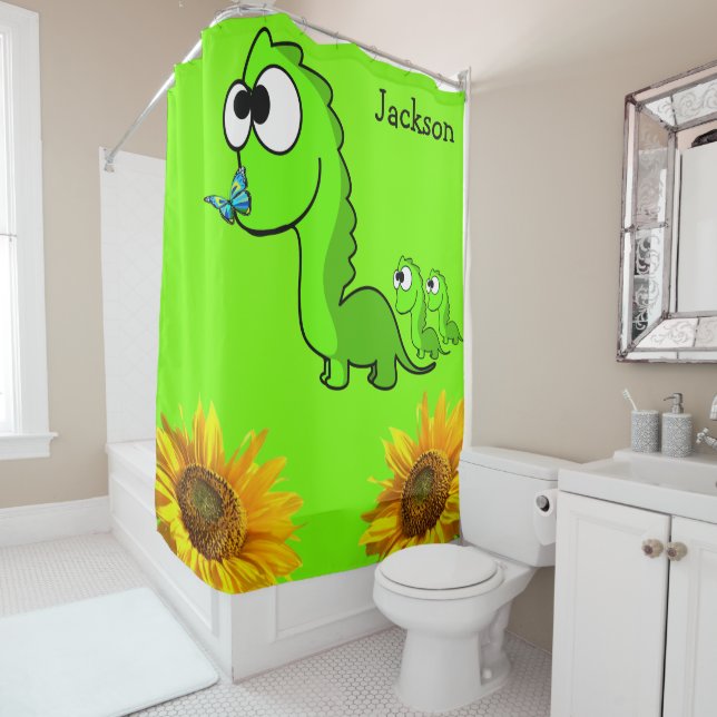 Sunflower Floral Dinosaur Shower Curtain (In Situ)