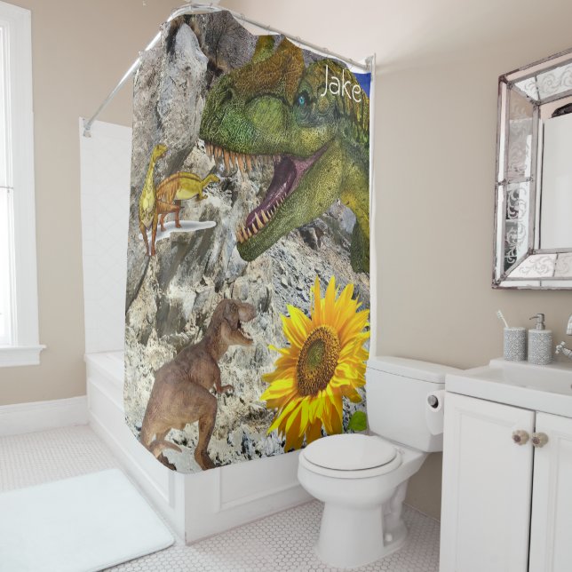 Sunflower Floral Dinosaur  Shower Curtain (In Situ)