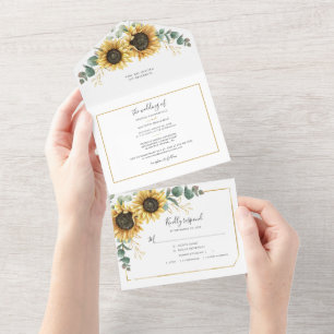 Sunflower Floral Eucalyptus Geometric Wedding All In One Invitation