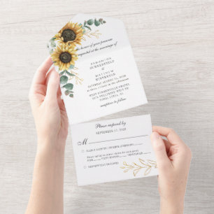 Sunflower Floral Eucalyptus Greenery Wedding All In One Invitation