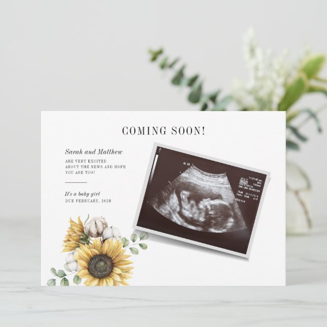Sunflower Floral Eucalyptus Sonogram Baby Reveal  Announcement (Standing Front)