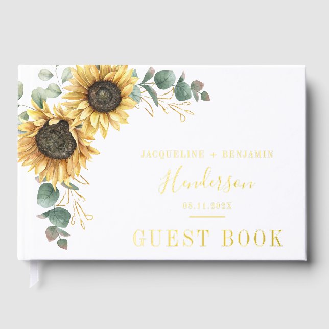 Sunflower Floral Eucalyptus Wedding Gold Foil Guest Book (Front)