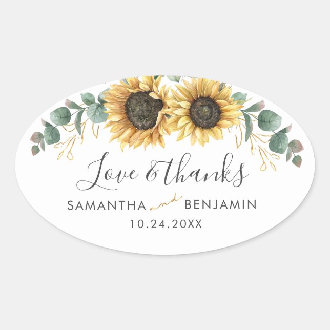 Sunflower Floral Eucalyptus Wedding Thank You Oval Sticker (Front)