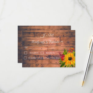 Sunflower Floral Fall Watercolor Wood Wedding RSVP Card